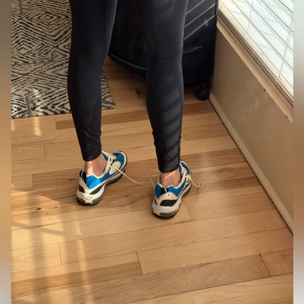 Nike Women's Air Max 98 sneakers in the Blue Nebula/Radiant Emerald colorway. - Picture 2 of 8